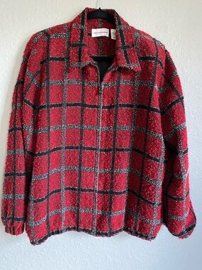 Alfred Dunner Red and Black Plaid Teddy Zip Jacket